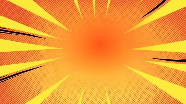 Zoom in of comic explosion burst with radial sunburst rays collapsing into central halftone background in retro pop art panel illustration