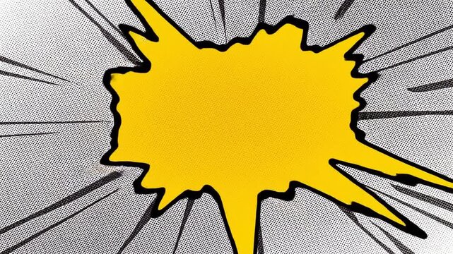 Push in zoom of comic halftone explosion burst graphic expanding and shifting yellow starburst shape over retro comic panel background