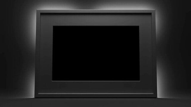 Slow dolly in of empty black picture frame centered on dark studio wall with soft backlighting and reflective base
