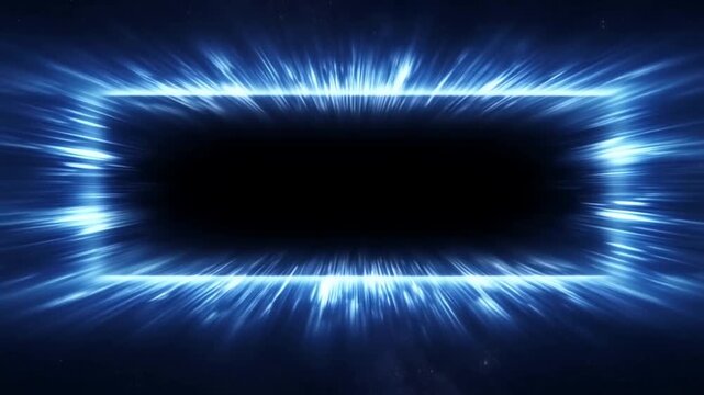 Static shot of glowing blue energy ring pulsing around central void in outer space with streaking light halo and subtle radiating motion