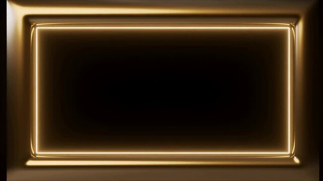 Panning shot of illuminated gold rectangular frame closeup with subtle light sweep and shimmer across black studio backdrop in interior set