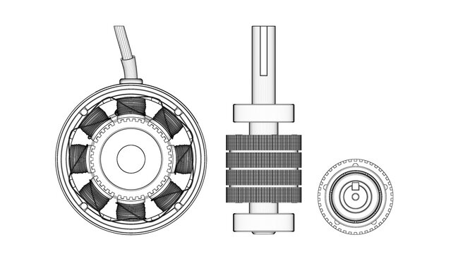 AC Servo Motor for CNC - Technical Drawing. 3D rendering isolated on white background. 3D Mesh, Sketch, Vector style. Ideal for educational, engineering, and industrial design.