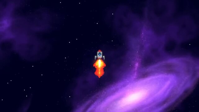 Tracking shot of pixel rocket ascending with fiery exhaust through purple nebula in outer space with stars and galaxies