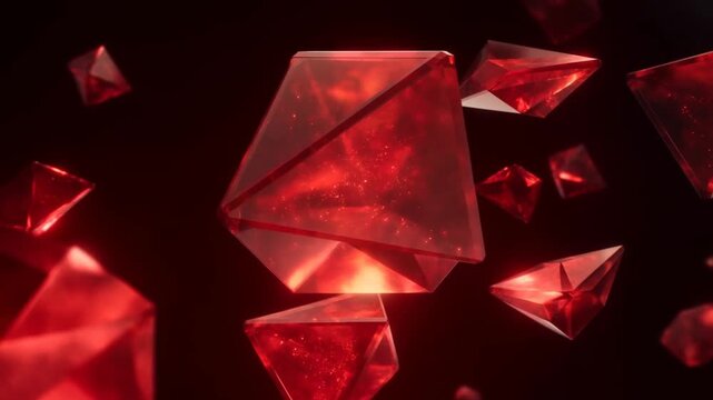 Slow motion tracking dolly shot of red translucent crystal pyramids rotating and drifting in dark void with glowing particles and reflective surfaces