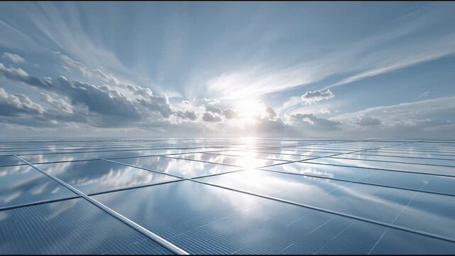 A panoramic view of a vast array of reflective solar panels under a bright, partly cloudy sky with the sun creating a strong glare on the surface.