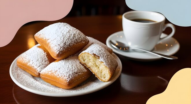 Delicious powdered sugar beignets on a plate with a hot cup of coffee, perfect for a cozy breakfast or snack time.