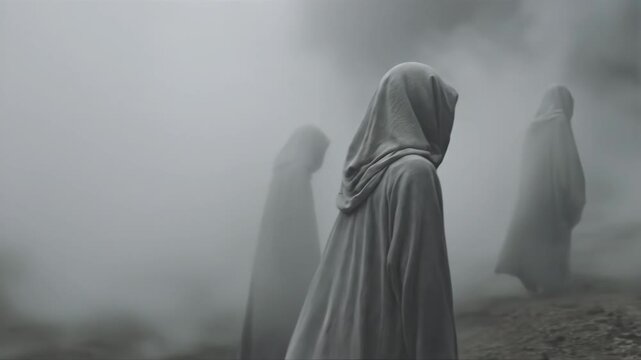 Hooded figures gathering in thick mist over sequence. Cloaked silhouettes emerge from fog in mysterious landscape. Supernatural ethereal gathering concept.