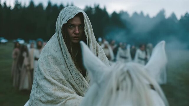 Woman riding white horse leading robed group through misty forest. Ancient mystical procession with hooded followers. Fantasy ritual journey concept.