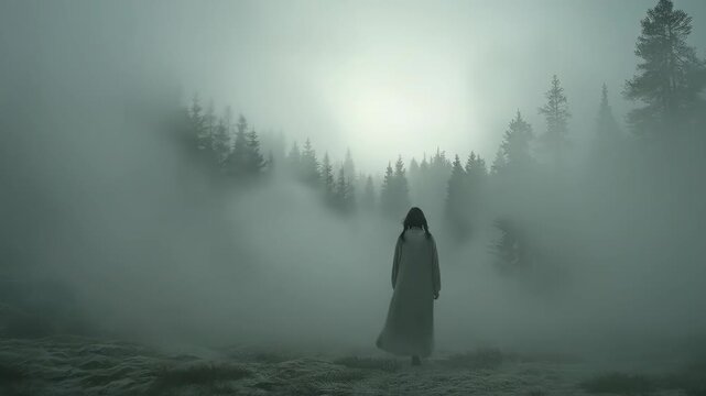 Woman walking away into misty forest. Silhouette fading deeper into fog among tall pine trees. Atmospheric woodland exploration in dense haze.