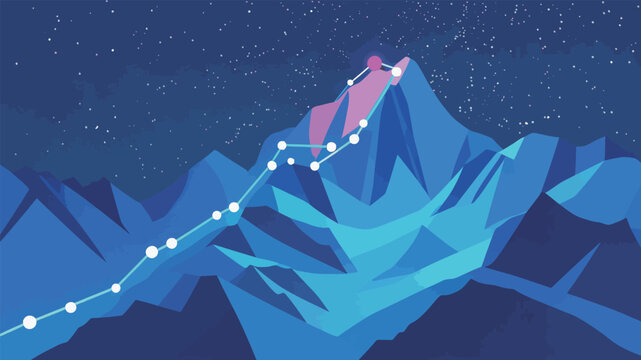 Climbing a mountain along a trail at night under twinkling stars with a peak in the distance