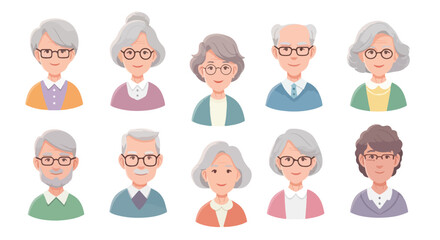 Fototapeta premium Elderly people avatar collection, 10 senior citizen character icons in flat vector style, diverse retired men and women with gray hair and glasses
