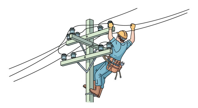Lineman working on electrical pole with power lines.