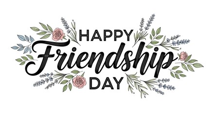 A beautifully illustrated happy friendship day message surrounded by delicate floral arrangements and greenery