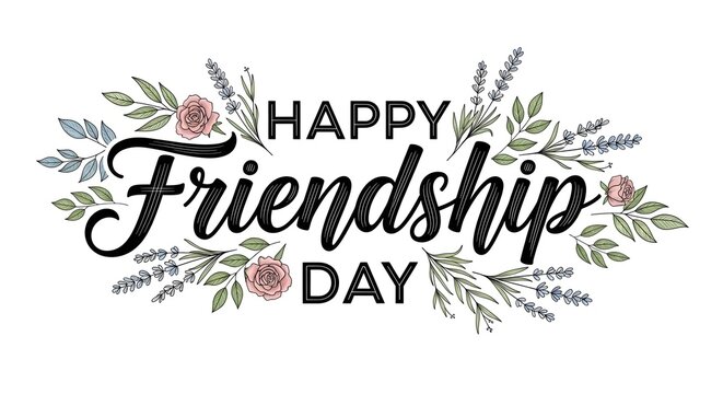 A beautifully illustrated happy friendship day message surrounded by delicate floral arrangements and greenery