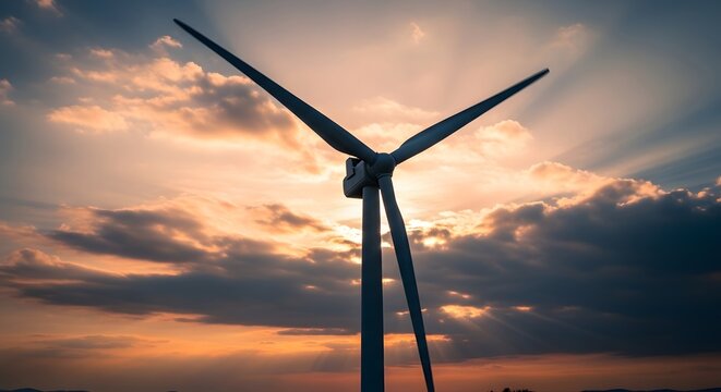 Wind turbine at sunset with clouds.