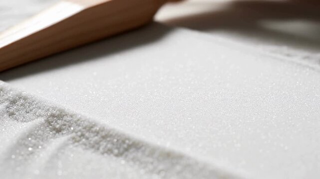 Close up video of fine white sugar granules being scooped by a wooden spoon
