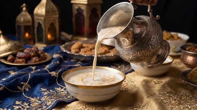 Traditional vermicelli dessert being poured from silver pitcher into bowl with Ramadan lanterns and dates in background.