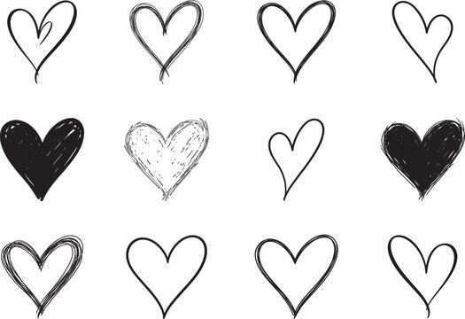 Hand drawn heart icon collection in sketch doodle style with outline and filled variations