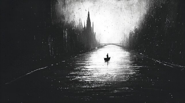 Man rowing small boat with dog on misty river. Gothic cityscape with tall spires and arched bridge in fog. Atmospheric urban night scene in monochrome art style.