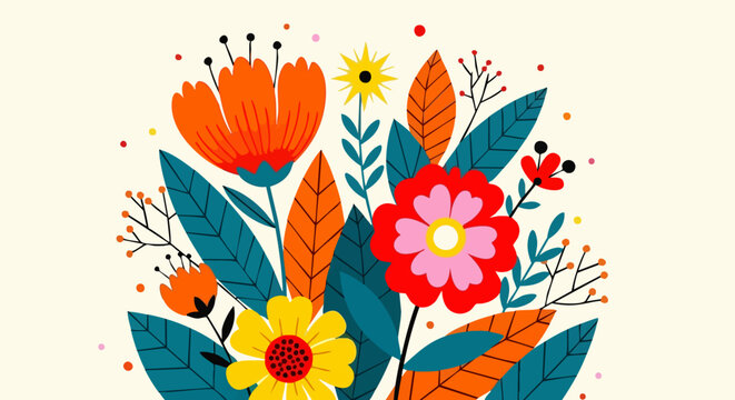 Folk art floral bouquet vector, colorful retro flower arrangement with botanical leaves, vibrant scandinavian style garden illustration for greeting cards