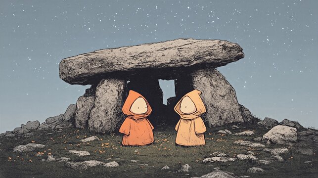 Two small hooded figures standing before ancient stone dolmen under starry night sky. Fantasy illustration of mystical creatures exploring prehistoric ruins in grassy landscape.
