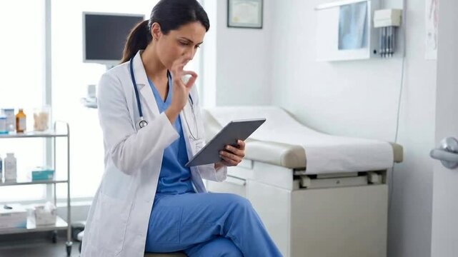 Doctor using tablet in clinic with hand interaction and clean medical environment