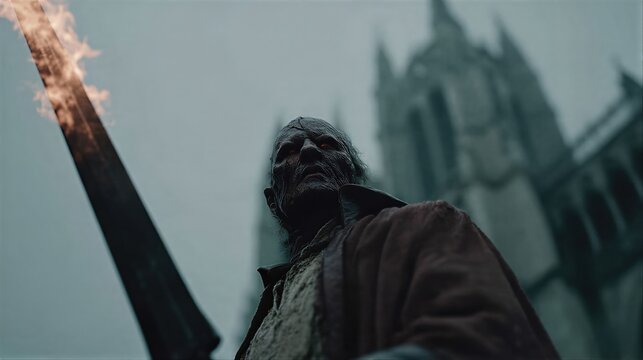 Elderly man with undead appearance grips flaming sword in front of gothic cathedral. Foggy night scene of dark fantasy warrior. Horror concept for supernatural adventure and eerie storytelling.