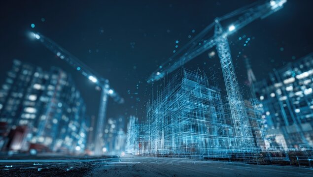 Futuristic city construction scene featuring digital blueprints, towering cranes, and glowing lights