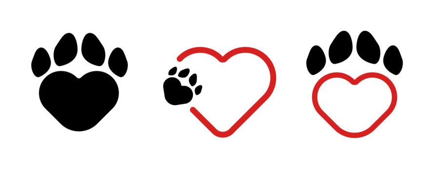 Heart paw icon set solid black and red outline minimalist design.