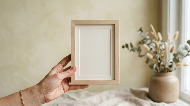 Hand holding a small wooden frame with blank artwork
