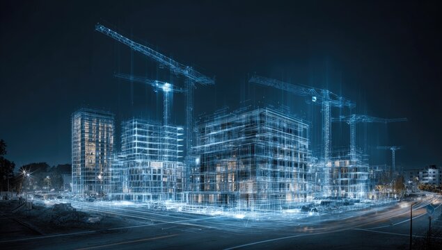 A digital rendering depicting a city under construction at night, with multiple cranes
