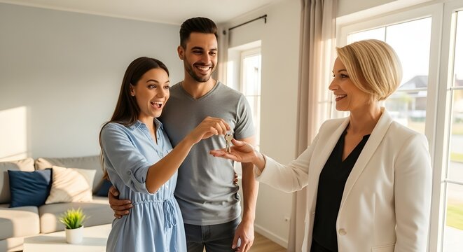 Un matrimonio joven, hermoso y emocionado que espera un beb&eacute;, acaba de decidir comprar una propiedad a un agente de bienes ra&iacute;ces que les est&aacute; entregando las llaves de su nuevo hogar.