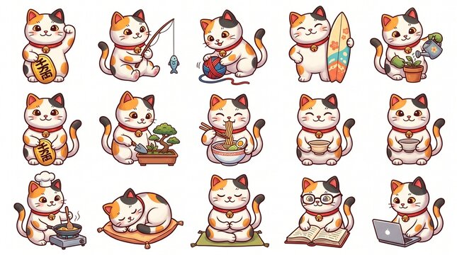 Playful calico maneki-neko cats in cartoon style, engaging in modern activities with objects, showcasing charm, luck, and personality.