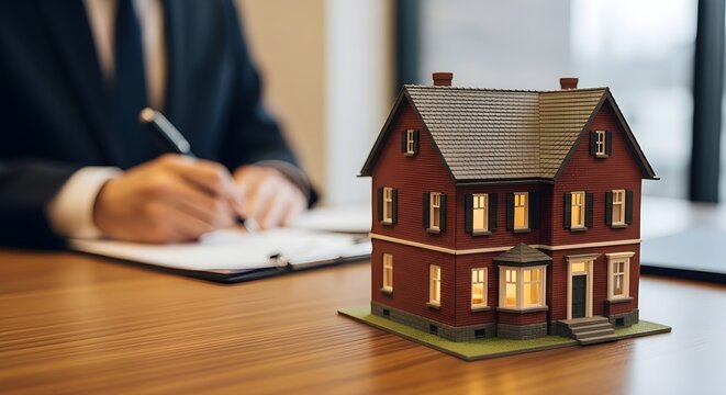 Modelo de casa y agente inmobiliario borroso en el fondo, primer plano