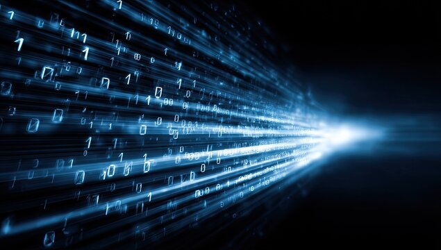 Abstract digital data stream with binary code, light rays emanating from a bright point