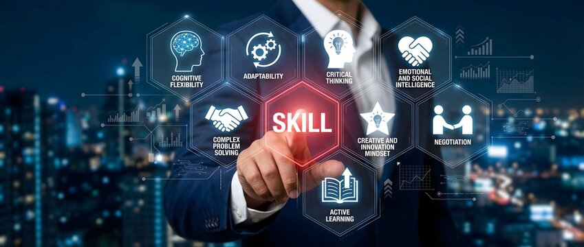 Businessman highlighting essential skill framework including adaptability negotiation creativity intelligence and active learning for success today