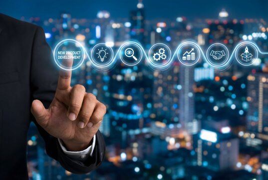 Businessman selecting new product development stage among innovation research validation growth and launch process icons today