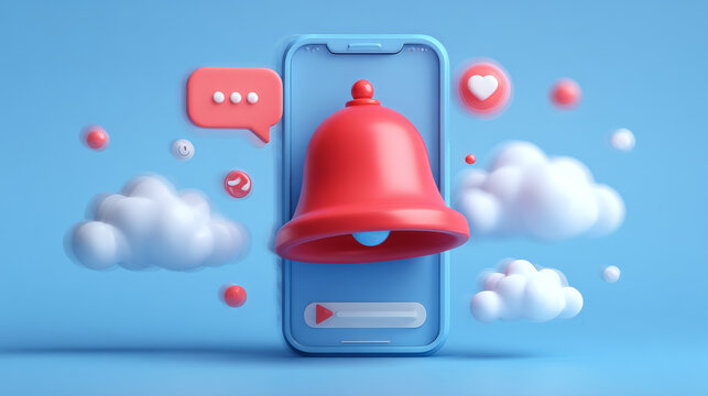 3D Bell notification with clouds. Social media communication. New message concept. Subscribe to channel. Reminder in phone app. Cartoon creative design icon. 3D Vector illustration