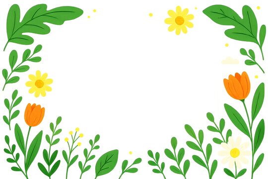 Spring Floral Border with Hand Drawn Plants on White Background for Card Design