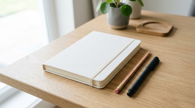 Minimal notebook with pen and pencil on wooden desk