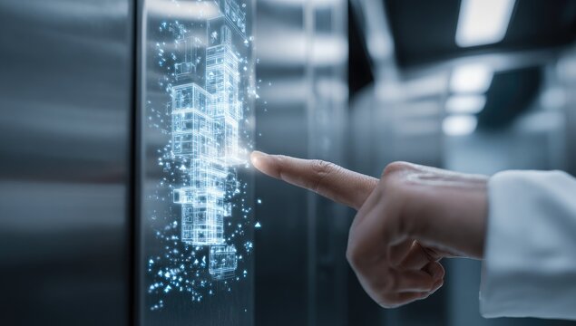 A human finger interacts with a digital representation of a building inside an elevator