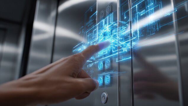 Close-up of hand pressing an elevator button, with digital blueprint overlay