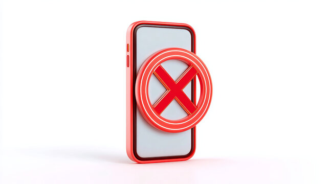 3D Mobile phone and forbidden sign with red crossed circle. Smartphone error. Don't ring or turn off phone. Blocked application. Cartoon creative design icon isolated on white background. 3D Rendering