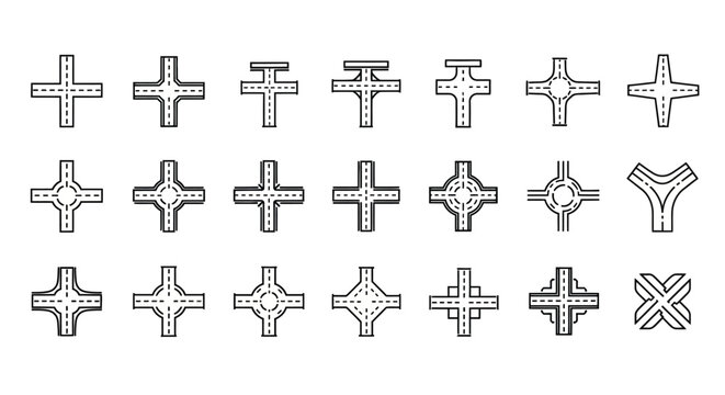 Set of Road Intersections and Junctions Icons - Vector Graphics
