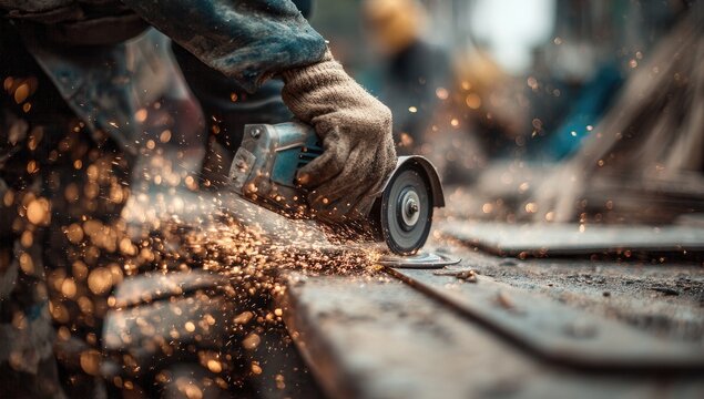 Close-up of a worker using a power tool, creating sparks while grinding metal during construction
