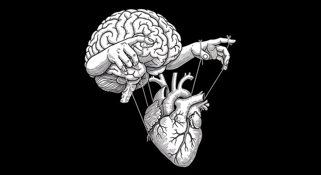 The human brain controlling the human heart like a puppet, illustrating the concept of the mind's influence over emotions and decisions