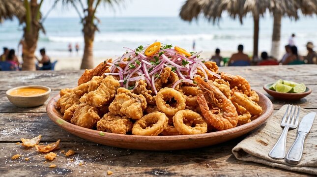 Crispy Peruvian Jalea Seafood Platter with Salsa Criolla