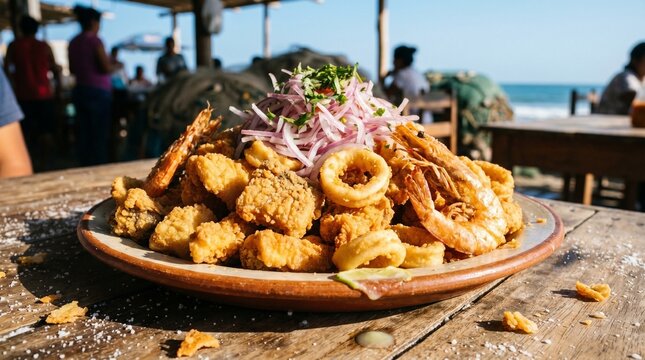 Crispy Peruvian Jalea Seafood Platter with Salsa Criolla