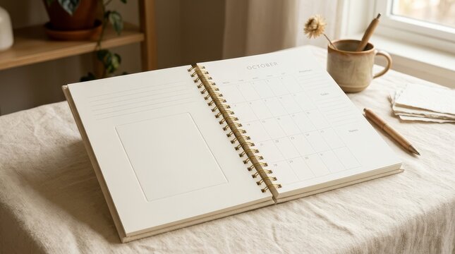 Open spiral bound planner mockup on cream background