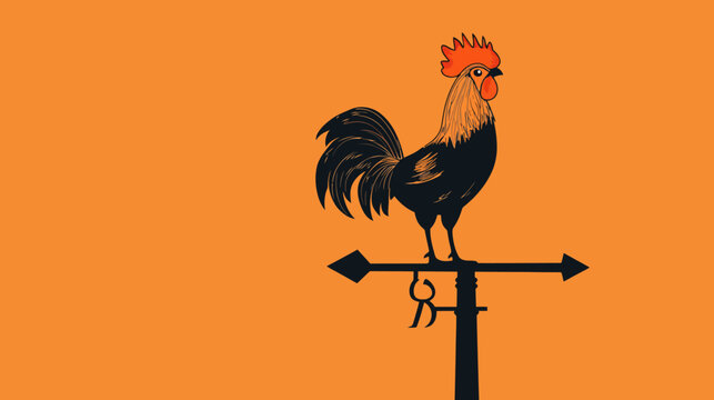 A rooster weathervane illustration on a vibrant orange background. Graphic and minimalistic